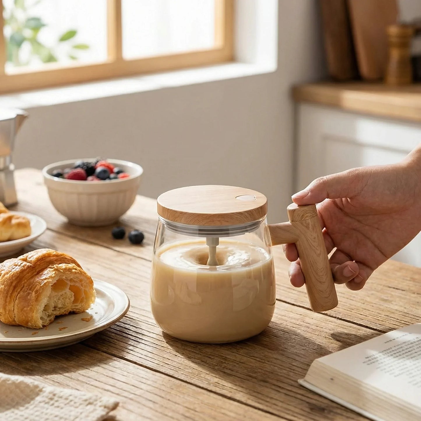 Novidone Automatic Self-Stirring Glass Coffee Mug - 400ml Battery-Operated Borosilicate Mug with Wood Handle