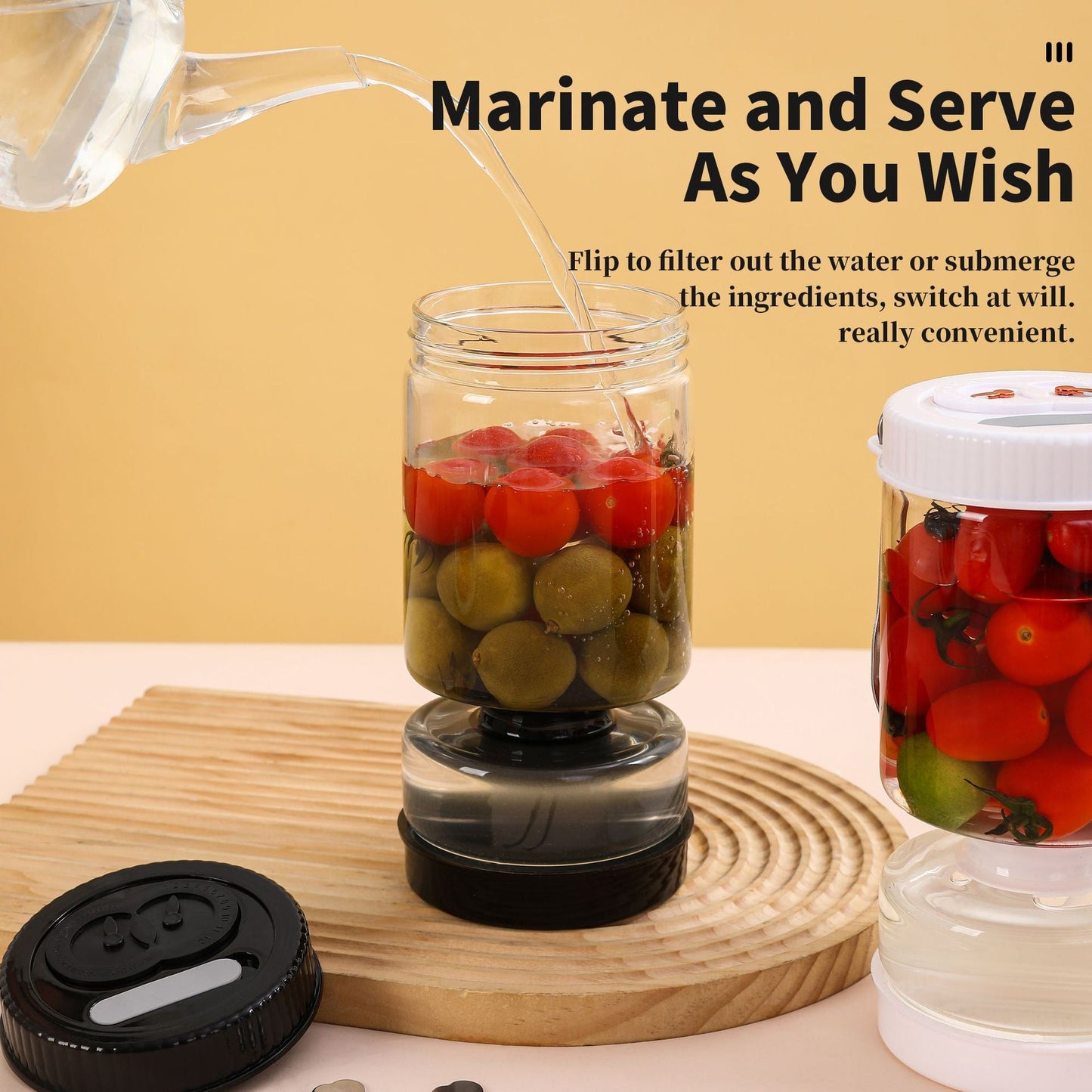 Novidone Flip and Drain Pickle Jar - Leak-Proof Glass Hourglass Food Container for Olives & Kimchi with 2 Stainless Steel Fork