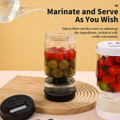 Novidone Flip and Drain Pickle Jar - Leak-Proof Glass Hourglass Food Container for Olives & Kimchi with 2 Stainless Steel Fork