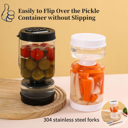 Novidone Flip and Drain Pickle Jar - Leak-Proof Glass Hourglass Food Container for Olives & Kimchi with 2 Stainless Steel Fork