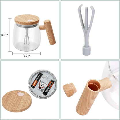 Novidone Automatic Self-Stirring Glass Coffee Mug - 400ml Battery-Operated Borosilicate Mug with Wood Handle