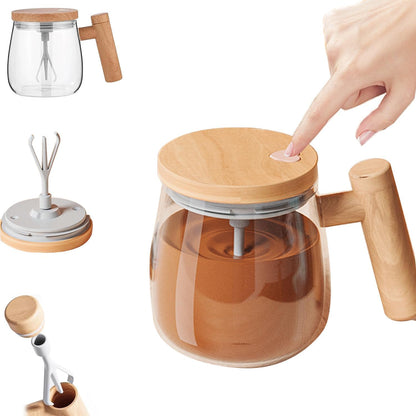 Novidone Automatic Self-Stirring Glass Coffee Mug - 400ml Battery-Operated Borosilicate Mug with Wood Handle