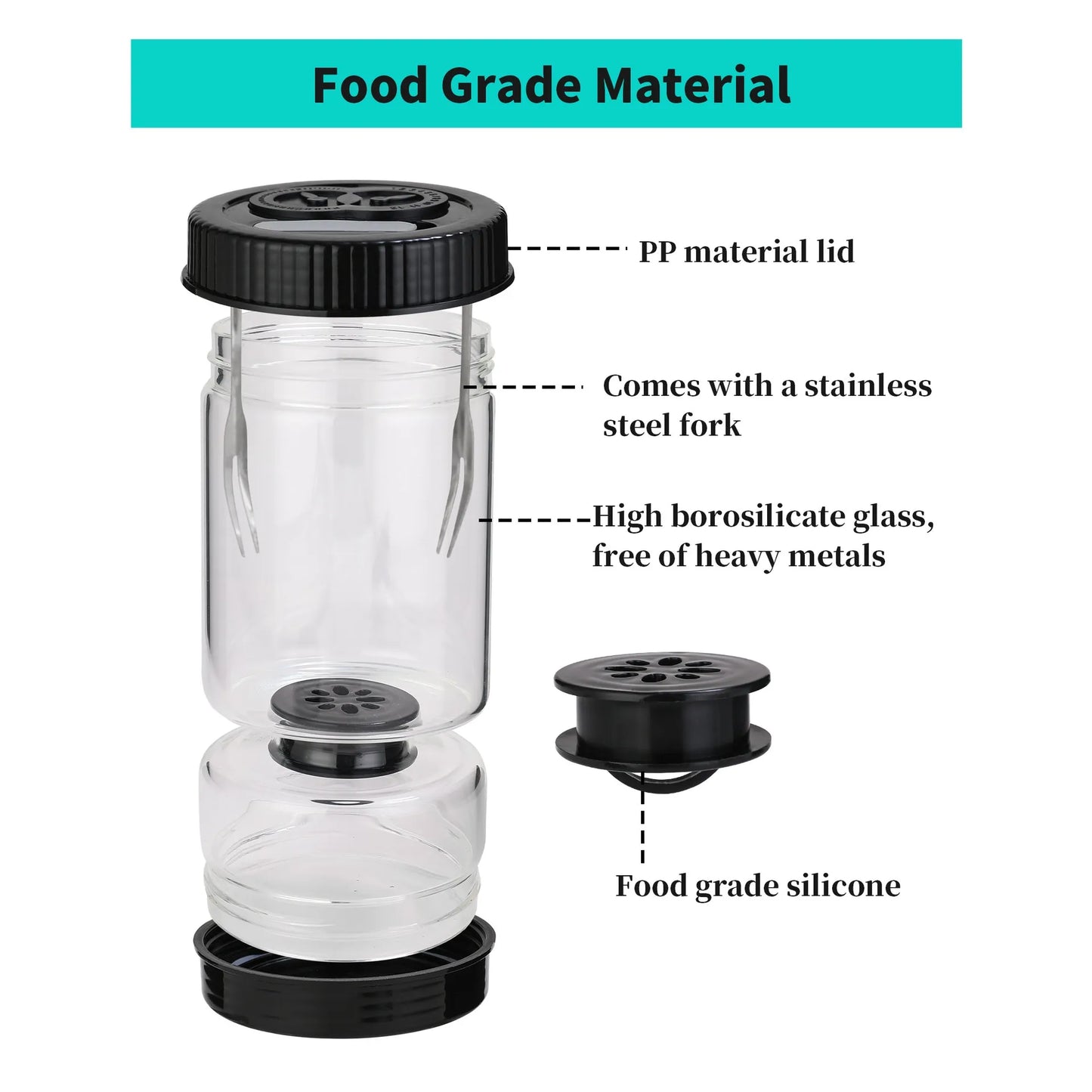 Novidone Flip and Drain Pickle Jar - Leak-Proof Glass Hourglass Food Container for Olives & Kimchi with 2 Stainless Steel Fork