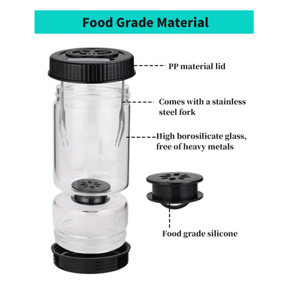 Novidone Flip and Drain Pickle Jar - Leak-Proof Glass Hourglass Food Container for Olives & Kimchi with 2 Stainless Steel Fork