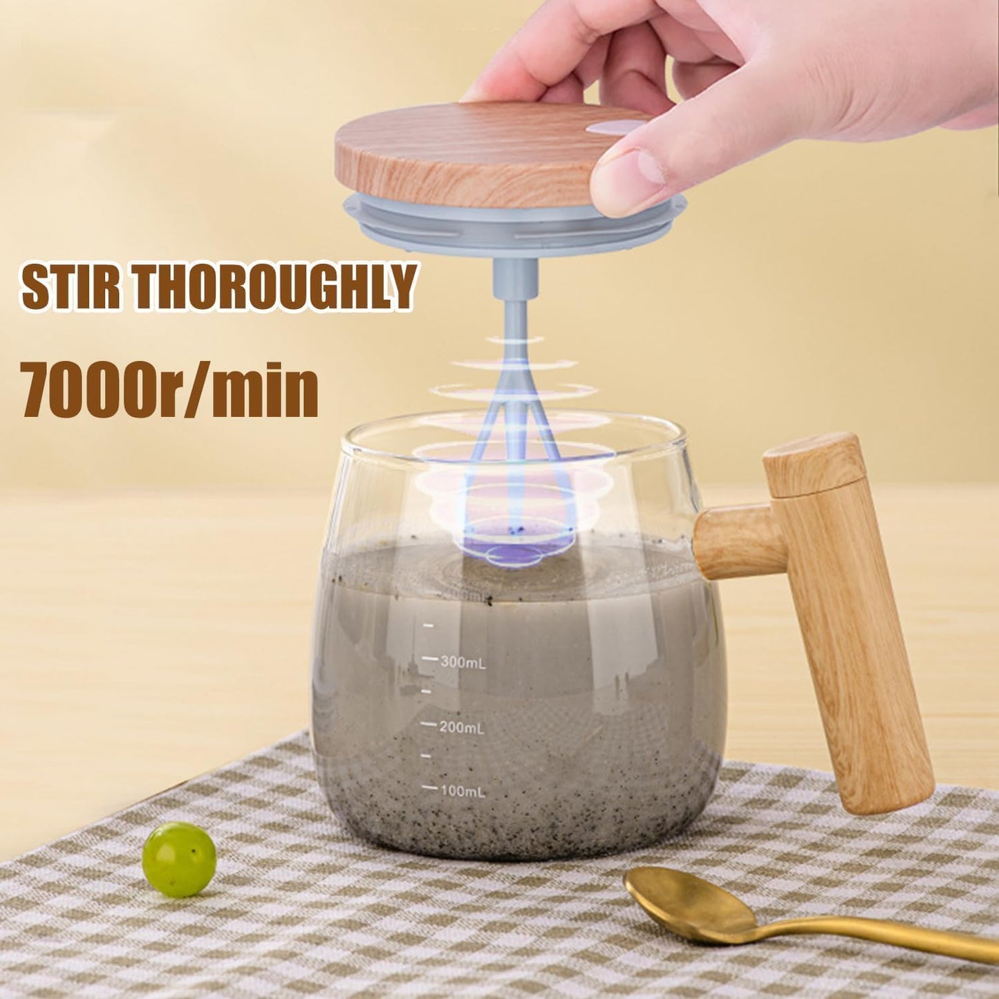 Novidone Automatic Self-Stirring Glass Coffee Mug - 400ml Battery-Operated Borosilicate Mug with Wood Handle