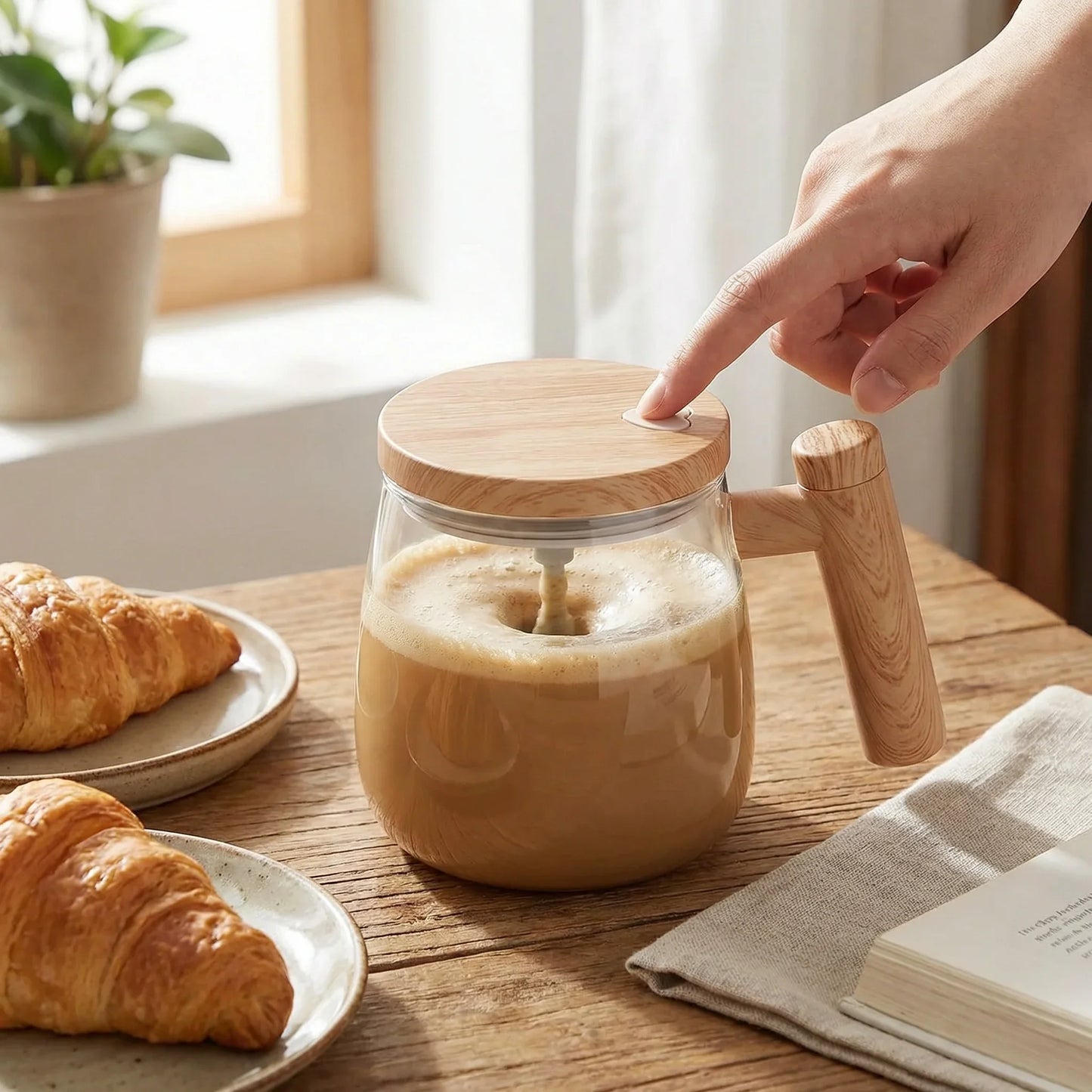 Novidone Automatic Self-Stirring Glass Coffee Mug - 400ml Battery-Operated Borosilicate Mug with Wood Handle