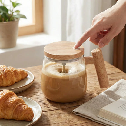 Novidone Automatic Self-Stirring Glass Coffee Mug - 400ml Battery-Operated Borosilicate Mug with Wood Handle