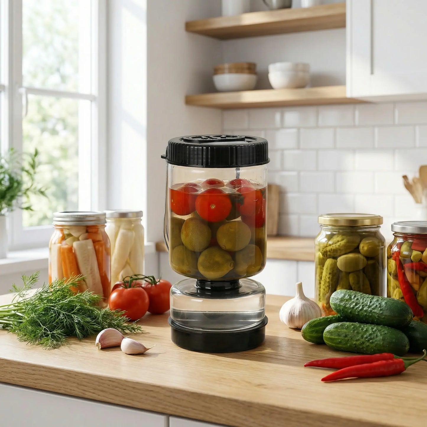 Novidone Flip and Drain Pickle Jar - Leak-Proof Glass Hourglass Food Container for Olives & Kimchi with 2 Stainless Steel Fork