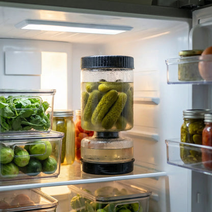 Novidone Flip and Drain Pickle Jar - Leak-Proof Glass Hourglass Food Container for Olives & Kimchi with 2 Stainless Steel Fork