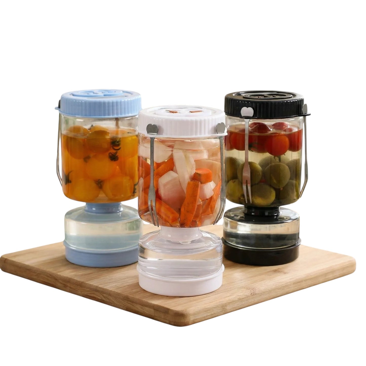Novidone Flip and Drain Pickle Jar - Leak-Proof Glass Hourglass Food Container for Olives & Kimchi with 2 Stainless Steel Fork