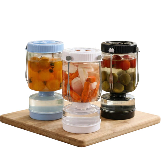 Novidone Flip and Drain Pickle Jar - Leak-Proof Glass Hourglass Food Container for Olives & Kimchi with 2 Stainless Steel Fork