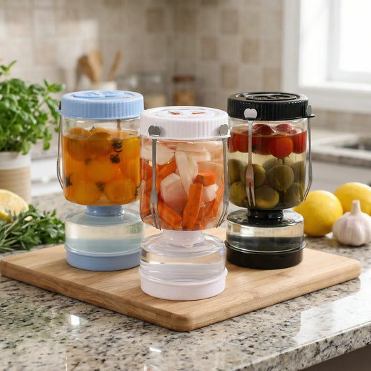Novidone Flip and Drain Pickle Jar - Leak-Proof Glass Hourglass Food Container for Olives & Kimchi with 2 Stainless Steel Fork