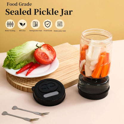 Novidone Flip and Drain Pickle Jar - Leak-Proof Glass Hourglass Food Container for Olives & Kimchi with 2 Stainless Steel Fork